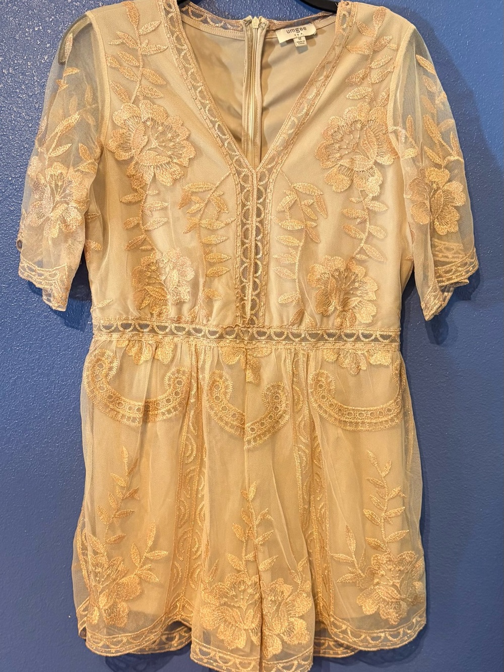 Umgee Gold Floral Embroidered Lace Romper